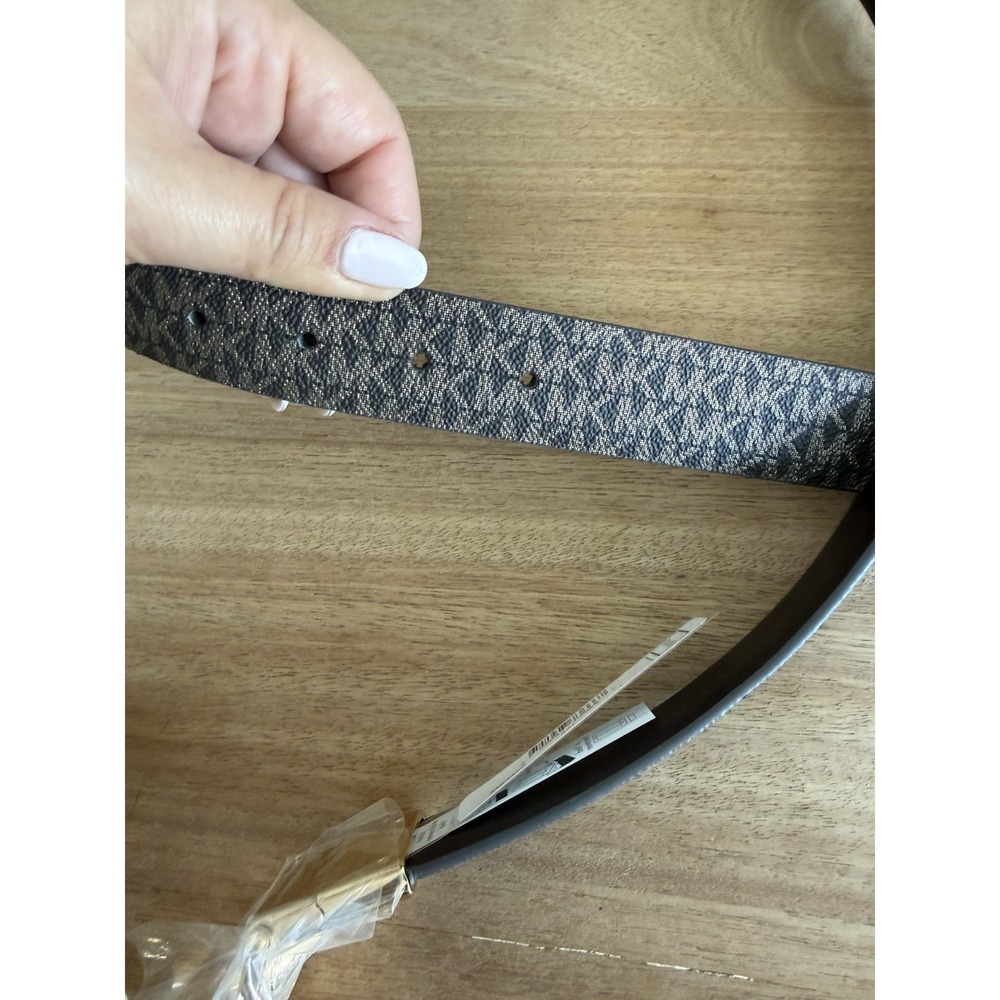 Michael Kors Reversible MK Logo Belt Large L Black Brown Signature Gold Crystal - Picture 5 of 8